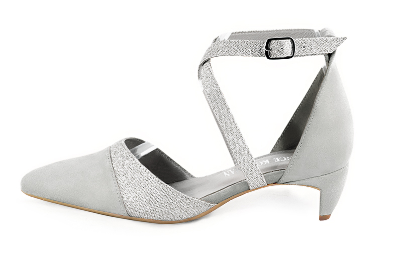 Pearl grey and light silver women's open side shoes, with crossed straps. Tapered toe. Low comma heels. Profile view - Florence KOOIJMAN